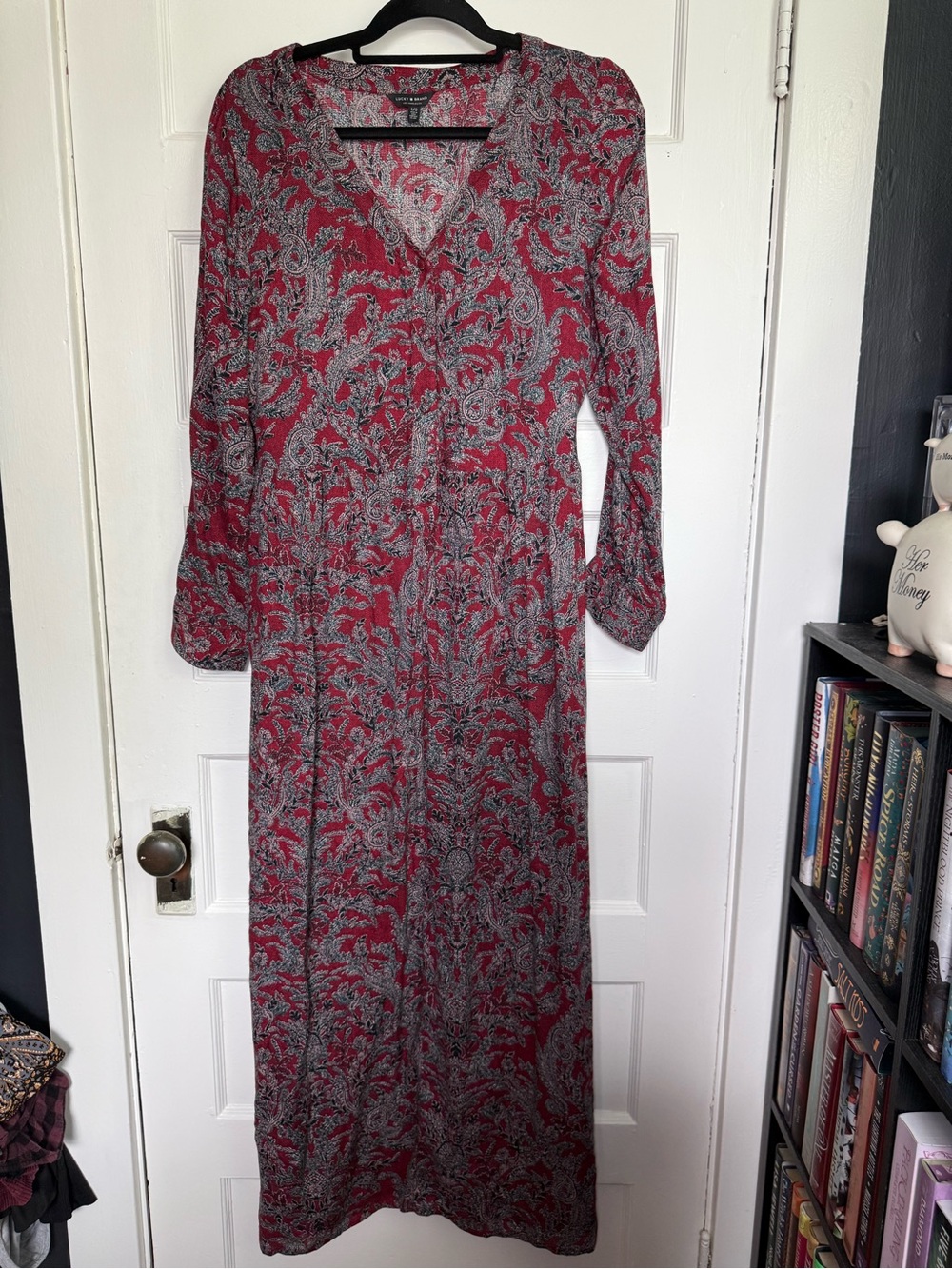 Lucky Brand Red & Grey Paisley Boho-Chic V-Neck Long-Sleeve Maxi Dress 70’s L - Picture 2 of 16